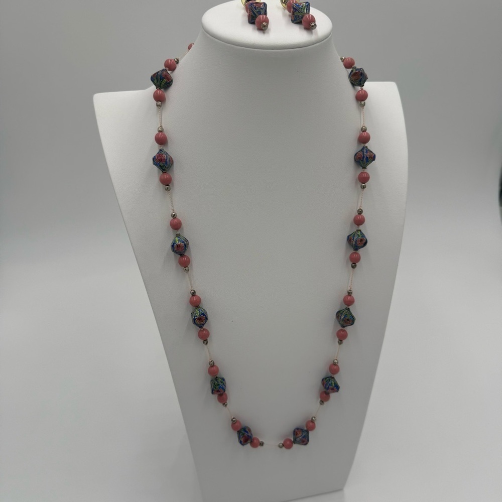 Vintage Pink and Blue Painted Floral Necklace and Earrings
